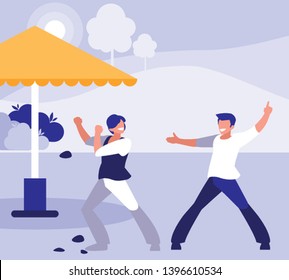 young dancers couple dancing in the park vector illustration design