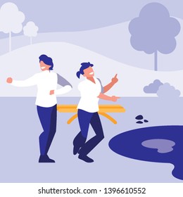 young dancers couple dancing in the park vector illustration design