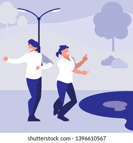 young dancers couple dancing in the park vector illustration design
