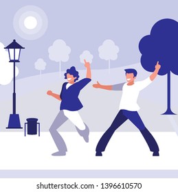 young dancers couple dancing in the park vector illustration design