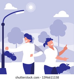 young dancers couple dancing in the park vector illustration design