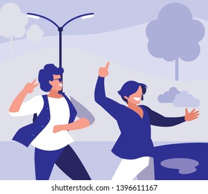 young dancers couple dancing in the park vector illustration design