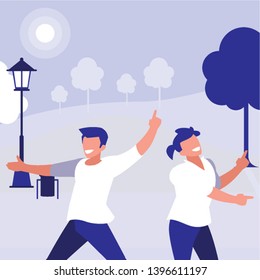 young dancers couple dancing in the park vector illustration design