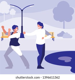 young dancers couple dancing in the park vector illustration design