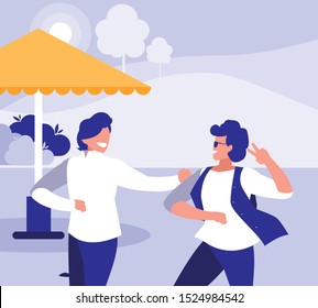 young dancers couple dancing in the park vector illustration design
