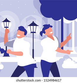 young dancers couple dancing in the park vector illustration design