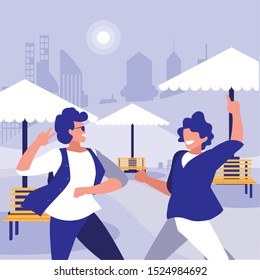 young dancers couple dancing in the park vector illustration design