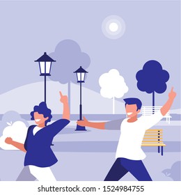 young dancers couple dancing in the park vector illustration design