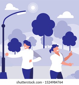 young dancers couple dancing in the park vector illustration design
