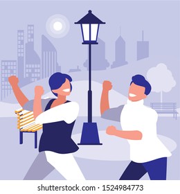 young dancers couple dancing in the park vector illustration design