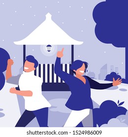young dancers couple dancing in the park vector illustration design