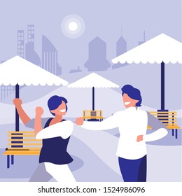 young dancers couple dancing in the park vector illustration design