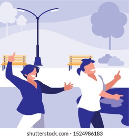 young dancers couple dancing in the park vector illustration design