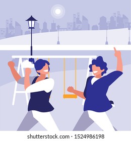 young dancers couple dancing in the park vector illustration design