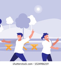 young dancers couple dancing in the park vector illustration design