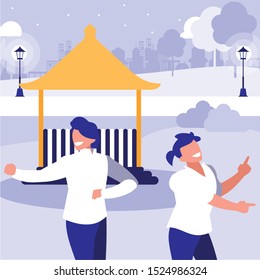 young dancers couple dancing in the park vector illustration design