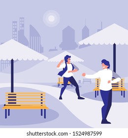 young dancers couple dancing in the park vector illustration design