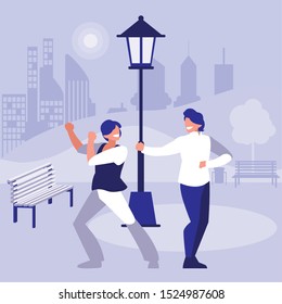 young dancers couple dancing in the park vector illustration design