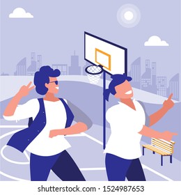young dancers couple dancing in the park vector illustration design