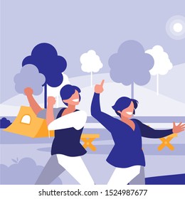 young dancers couple dancing in the park vector illustration design