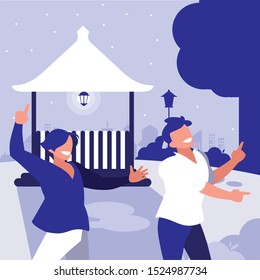 young dancers couple dancing in the park vector illustration design