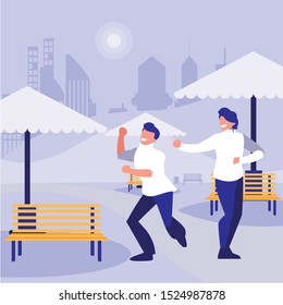 young dancers couple dancing in the park vector illustration design