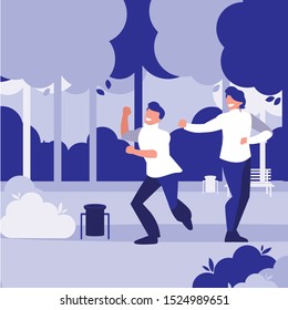 young dancers couple dancing in the park vector illustration design