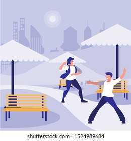 young dancers couple dancing in the park vector illustration design