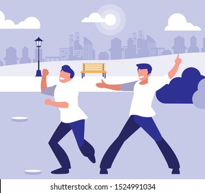 young dancers couple dancing in the park vector illustration design