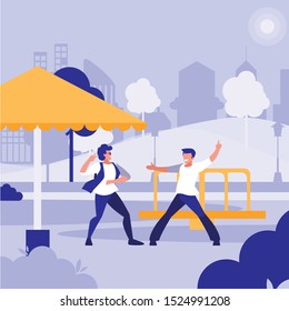 young dancers couple dancing in the park vector illustration design