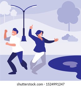 young dancers couple dancing in the park vector illustration design