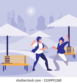 young dancers couple dancing in the park vector illustration design