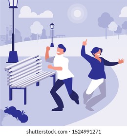 young dancers couple dancing in the park vector illustration design