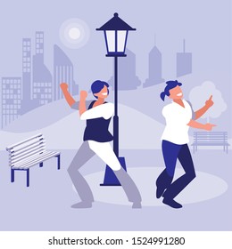 young dancers couple dancing in the park vector illustration design
