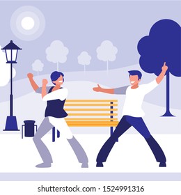 young dancers couple dancing in the park vector illustration design