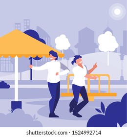 young dancers couple dancing in the park vector illustration design