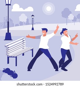 young dancers couple dancing in the park vector illustration design