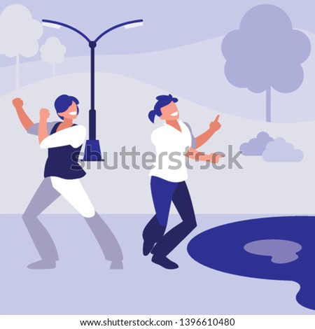 young dancers couple dancing in the park vector illustration design