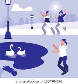 young dancers group dancing in the park vector illustration design