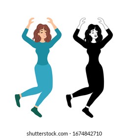 Young dancing brunette girl isolated on a white background. Female club dancers. Jumping up. Disco dancing at a music party. Happy man on the positive. Stock vector illustration for design.