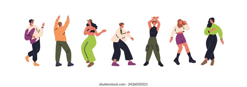 Conjunto de personajes jóvenes bailando. Hombres geniales felices, mujeres mudándose a la música. Gente moderna y con estilo emocionada que tiene movimientos divertidos y enérgicos en la fiesta. Ilustraciones vectoriales planas aisladas sobre fondo blanco