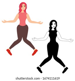 Young dancing girl with red hair isolated on a white background. Female club dancers. Jumping up. Disco dancing at a music party. Happy man on the positive. Stock vector illustration for design.