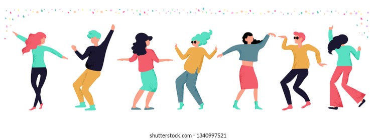 Young dancing people or male and female dancers isolated on white background. Young men and women enjoying dance party. Dance party. Vector illustration in flat cartoon style. 