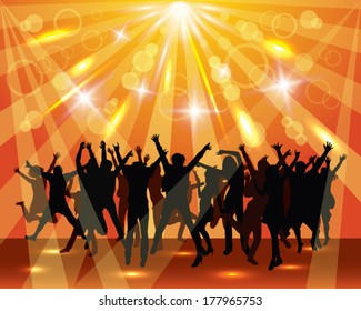 Young dancing  people on the party.  Sunny background. 