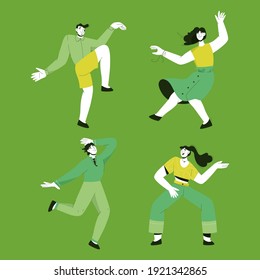 Los jóvenes bailarines aislaron a las personas. Bailarines de hombres y mujeres bailando en fiestas o aprendiendo en clase. El rendimiento profesional, el hobby activo, el entretenimiento. Ilustración de carácter de vector