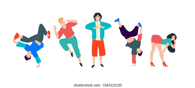 Young Dancing People. Vector. Young People Have Fun And Come Off To The Fullest. The Girl Is Flirting. A Young Man Shows A Heart. The Guy Is Dancing Break Dance. Movement And Dance Is Life.