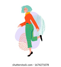 Young dancing woman with blue hair in fashionable clothes on abstract background. Happy girl drawing in flat style. International Women's Day. Vector illustration isolated on white