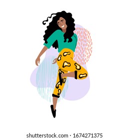 Young dancing woman with curvy hair in fashionable clothes on abstract background. Happy girl drawing in flat style. International Women's Day. Vector illustration isolated on white. 