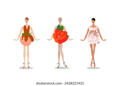 Jóvenes bailarinas en trajes de rosas teatrales.  Diseño brillante del logotipo o de la marca para la escuela de baile, salón de belleza, programa teatral. Ilustración vectorial.