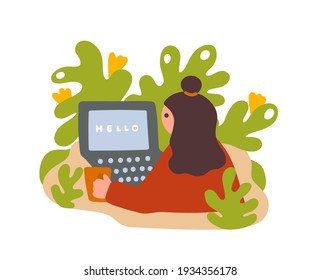 Young dark hair  woman works from home online via computer. Vector colorful illustration isolated on white background.